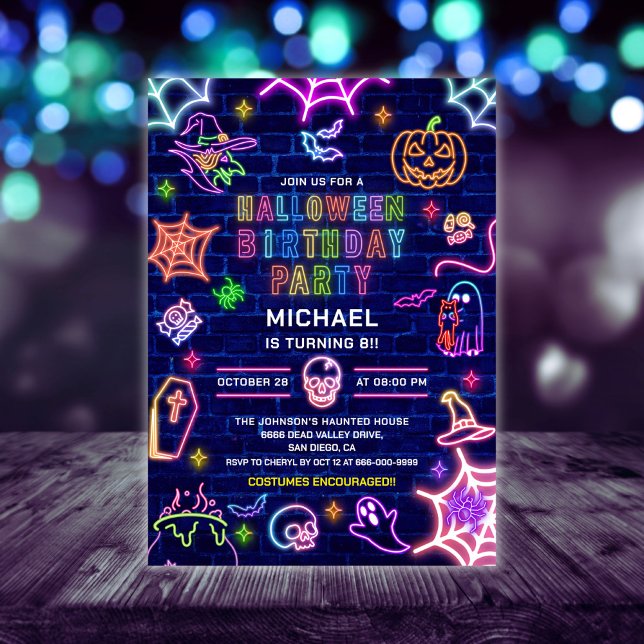 Neon Glöd I Mörkret Halloween Födelsedagsfest  Inbjudningar (Neon Glow in the dark halloween birthday party invitation)