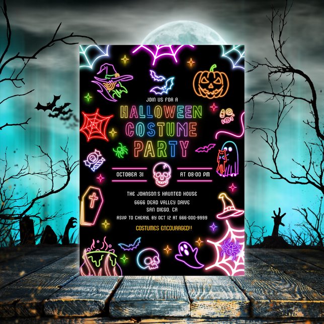 Neon Glöd I Mörkret Halloween Kostymfest  Inbjudningar (Neon Glow in the dark Halloween Costume Party Invitation)