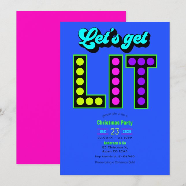 Neon Glöd Låt Oss Få Lys Retropartaj Jul Inbjudningar (Fram/baksida)