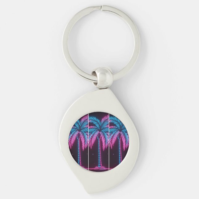 Neon Glöd Palmträd Swirl Silverfärgad Nyckelring (Framsidan)