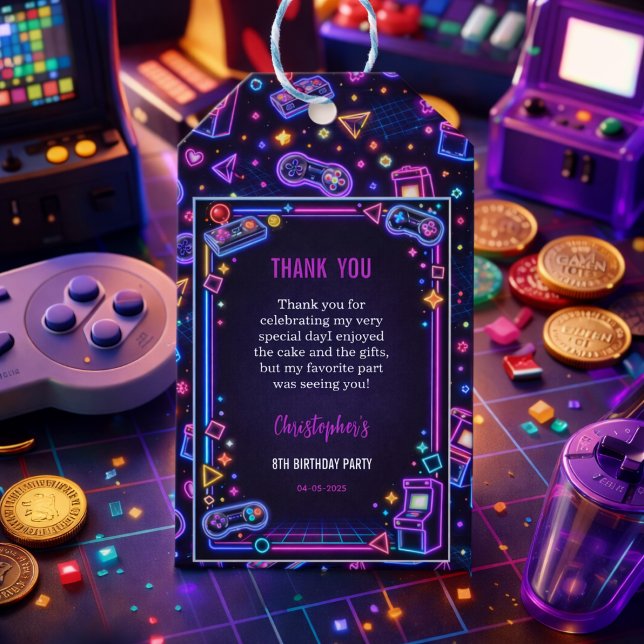 Neon Glöd Retro Arkadspel 8-års Födelsedag Presentetikett (Neon Glow Retro Arcade Gaming 8th Birthday Gift Tags)