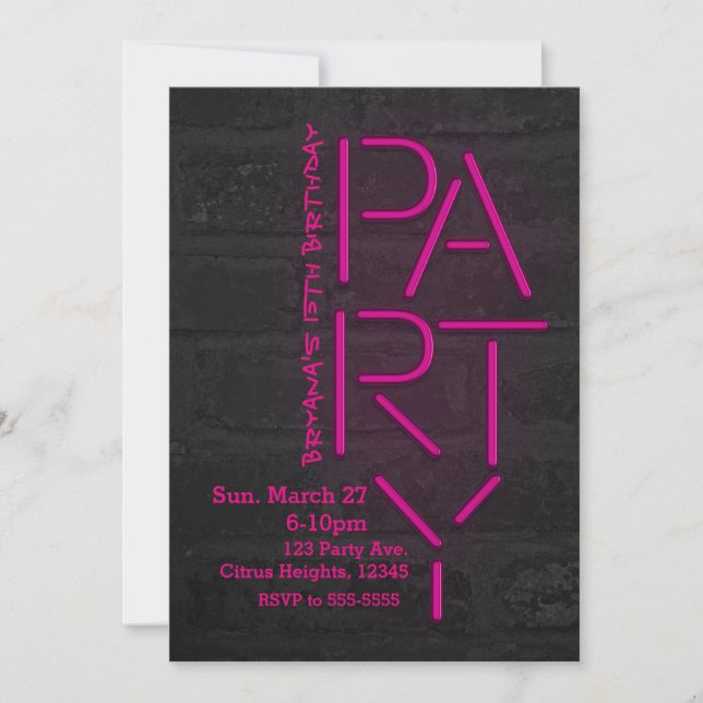 Neon Glöd Rosa PARTY Tegelvägg Urban Inbjudan (Framsida)