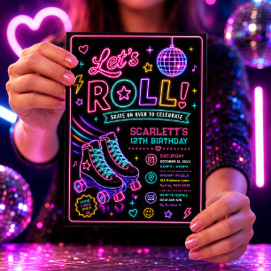 Neon Glöd Rullskridsko Flicka Födelsedagsfirande Inbjudningar