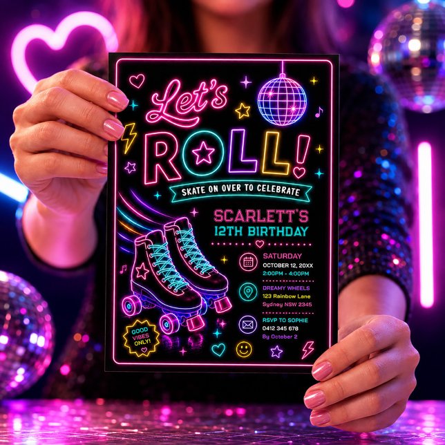 Neon Glöd Rullskridsko Flicka Födelsedagsfirande Inbjudningar (Skapare uppladdad)