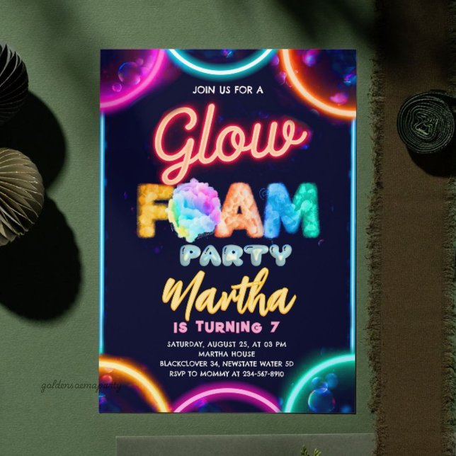 Neon Glöd Skum Fest Födelsedag - Färgglada Glödand Inbjudningar (Neon Glow Foam Party Birthday - Color Bubbles Glow Invitation
)