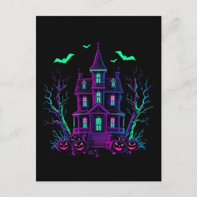 Neon Glöd Spökhus Fladdermöss och Pumpa Vykort (Framsida)