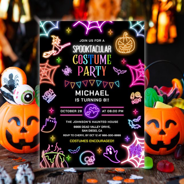 Neon Glöd Spooktacular Halloween Födelsedagsfest  Inbjudningar (Spooktacular Neon Glow Halloween Birthday Party Invitation)