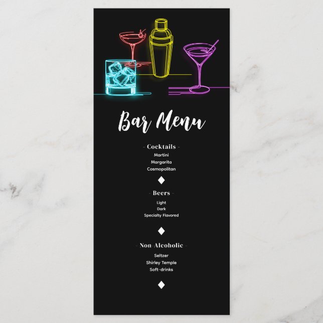 Neon Glödljus Cocktail Öppen Bar Bröllopsmeny Meny (Framsida)
