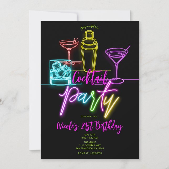 Neon Glödljus Färgglada Drinkar 21-årsdag Inbjudningar (Framsida)
