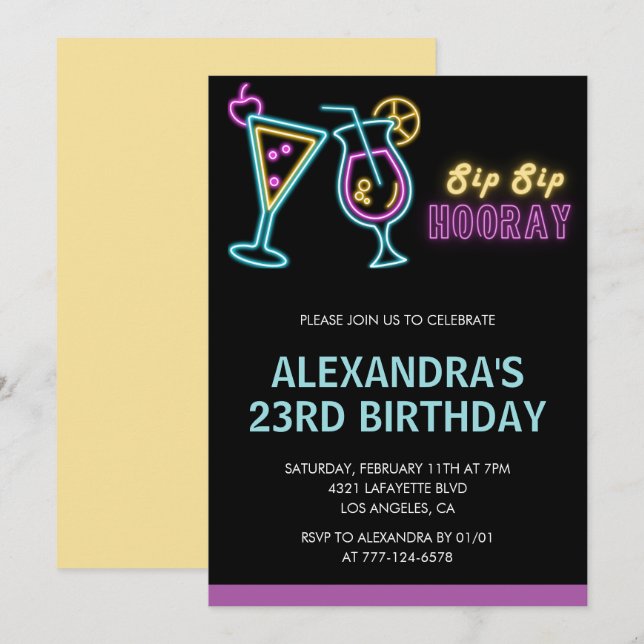 Neon Glow 23rd birthday invitations Cocktail Inbjudningar (Fram/baksida)