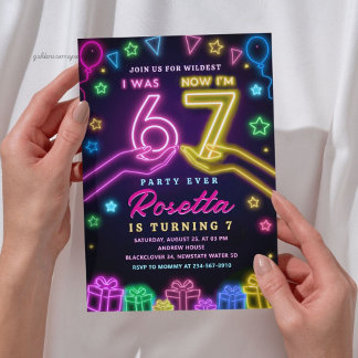 Neon Glow 7-årsfest | Jag Var 6 Nu Är Jag 7 Viral Inbjudningar