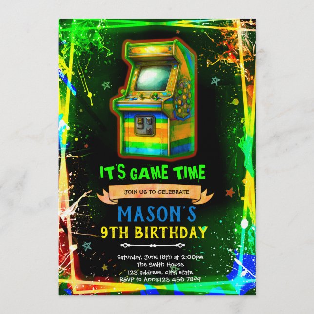 Neon glow arcade birthday invitation inbjudningar (Framsida)