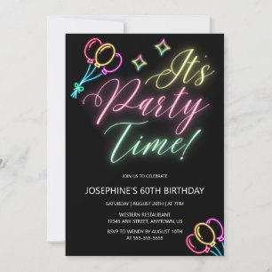 Neon Glow Balloon Party Time Birthday Inbjudningar
