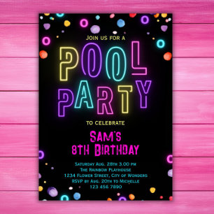 Neon Glow Bassäng Party Girls Rosa Lila Birthday Inbjudningar