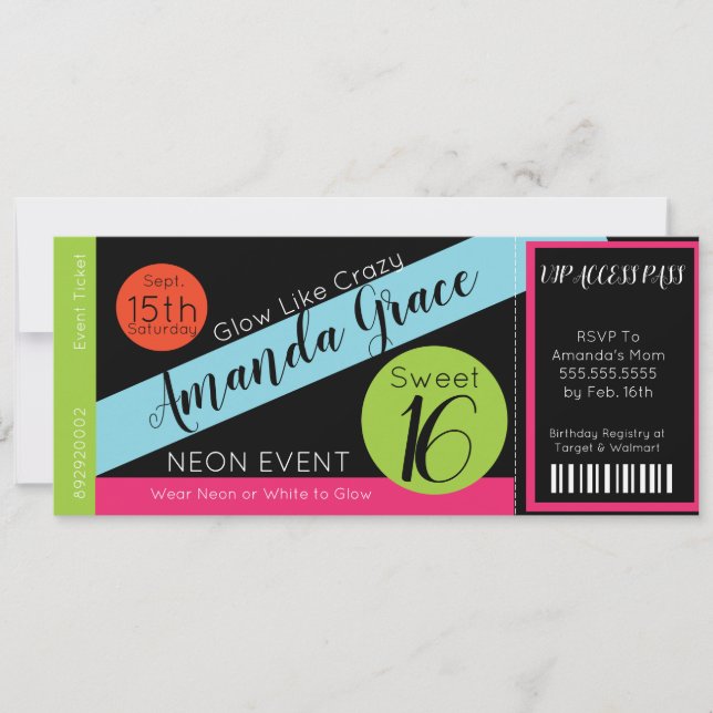 Neon Glow Biljett Sweet sixteen Birthday VIP Inbjudningar (Framsida)
