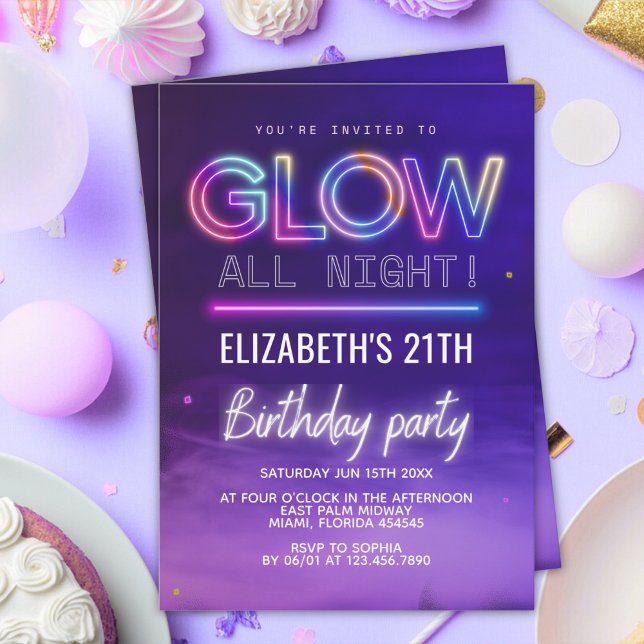 Neon Glow Birthday Party – Glow All Night Theme Inbjudningar (Skapare uppladdad)
