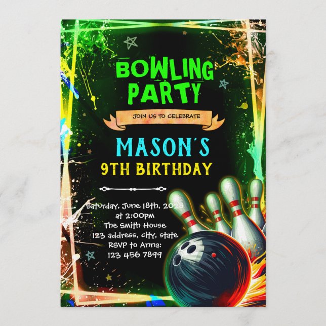 Neon glow bowling boy theme invitation inbjudningar (Framsida)