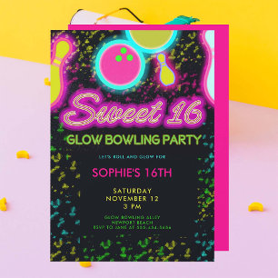Neon Glow Bowling Party Girly Cute Sassy Sweet 16 Inbjudningar
