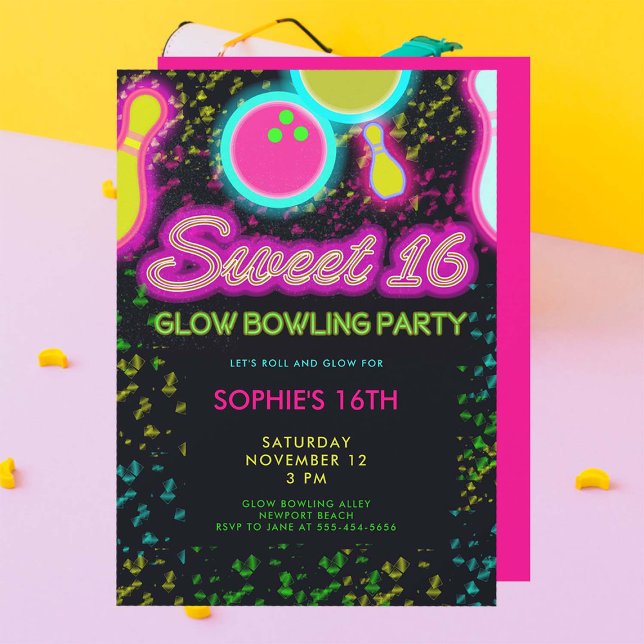 Neon Glow Bowling Party Girly Cute Sassy Sweet 16 Inbjudningar (glow bowling sweet sixteen 16th birthday party invitation neon nostalgia 80s fun retro girly cute)
