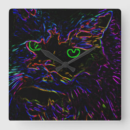 Neon Glow Cat Fyrkantig Klocka