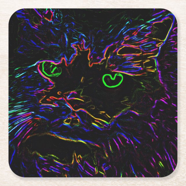 Neon Glow Cat Underlägg Papper Kvadrat (Framsidan)
