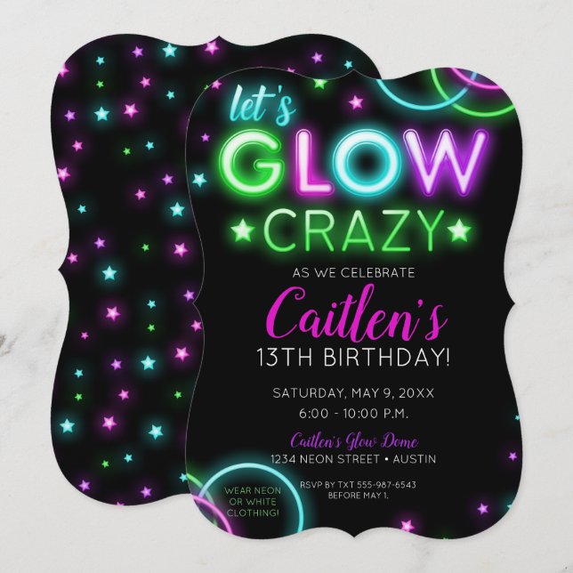 Neon Glow Crazy Girl Party Birthday-inbjudan Inbjudningar (Fram/baksida)