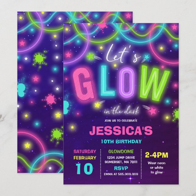 Neon Glow Dance Party är inbjuden på födelsedagen Inbjudningar (Fram/baksida)