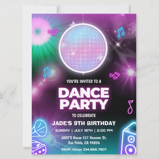 Neon Glow Dance Party Birthday-inbjudan Inbjudningar (Framsida)