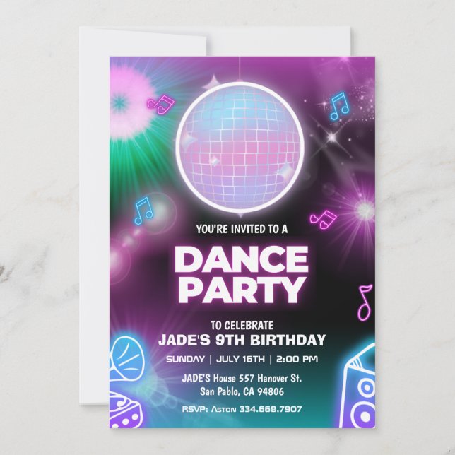 Neon Glow Dance Party Birthday-inbjudan Inbjudningar (Framsida)