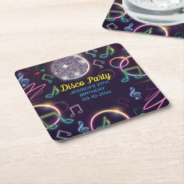 Neon Glow Disco Dance-Födelsedagsfest Underlägg Papper Kvadrat (Vinklad)