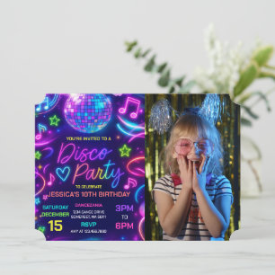 Neon Glow Disco Dance Party Birthday Photo Inbjudningar