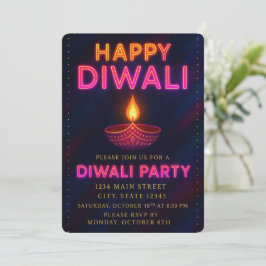 Neon Glow Diya med skript Lycklig Diwali Party Inbjudningar