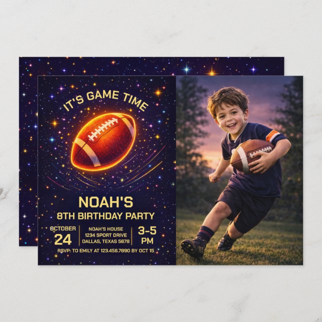 Neon Glow Football Birthday Photo Invitation Inbjudningar (Fram/baksida)