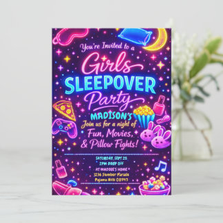 Neon Glow Girls Sleepover Party Night Slumber Inbjudningar