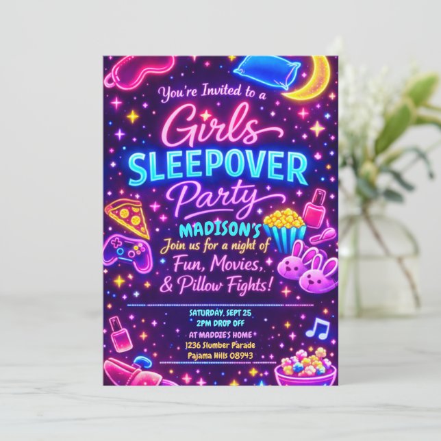 Neon Glow Girls Sleepover Party Night Slumber Inbjudningar (Stående Fram)