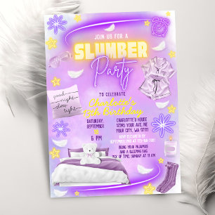Neon Glow Girls Slumber Sleepover Pajama Party Inbjudningar