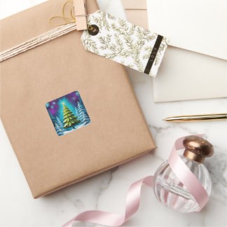 Neon Glow Gräs Träd med Star i Dreamy Snowy Fore Fyrkantigt Klistermärke