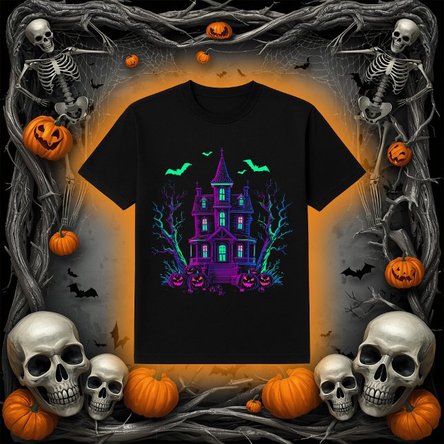 Neon Glow Haunted House Bats and Pumpkins T Shirt (Skapare uppladdad)