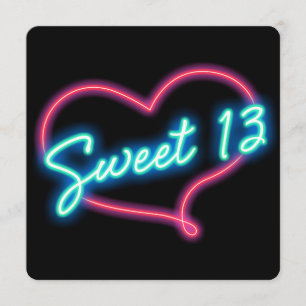 Neon Glow Heart SWEET 13 Födelsedagsfest Inbjudan