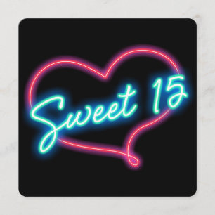 Neon Glow Heart SWEET 15 Födelsedagsfest Inbjudan