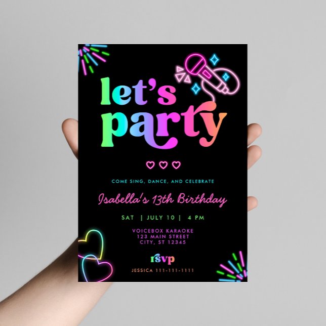 Neon Glow Karaoke Birthday-inbjudan Inbjudningar (Skapare uppladdad)