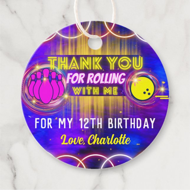 Neon Glow Lila Bowling Födelsedagsfest Tack Gåvor Etiketter (Framsida)