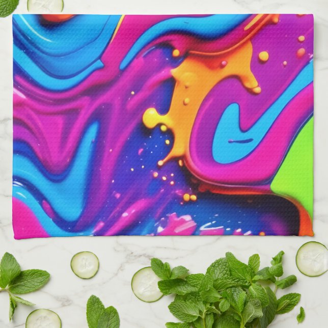 Neon Glow Liquid Splatter Artwork Kökshandduk (Vikta)