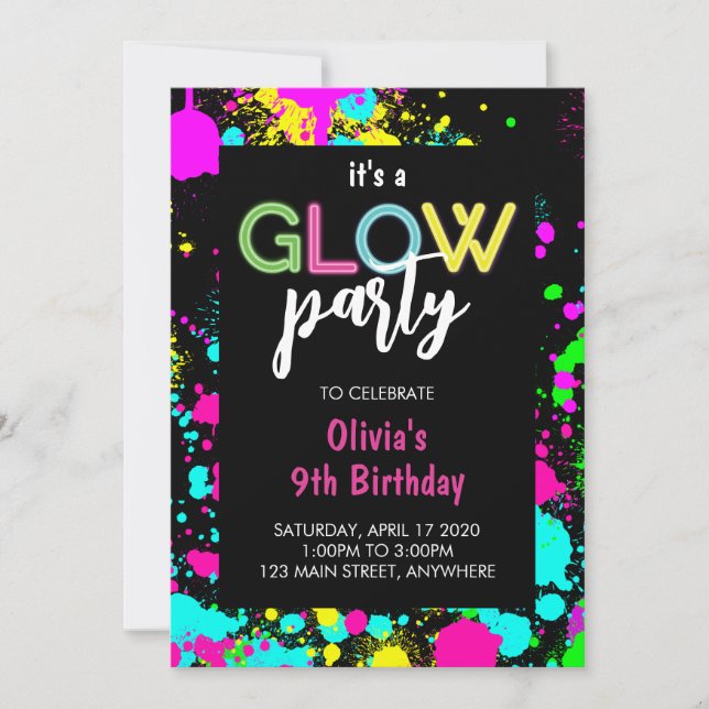 Neon Glow Paint Splatter Birthday Inbjudningar (Framsida)