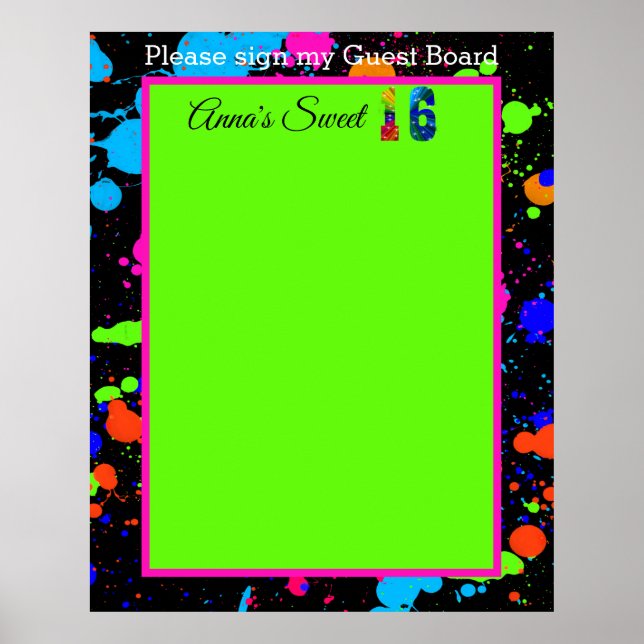 Neon Glow Paint Splatter Sweet 16 Guest Board Poster (Framsidan)