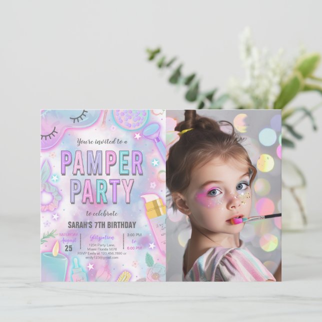 Neon Glow Pamper Spa Party Birthday Photo Inbjudningar (Stående Fram)