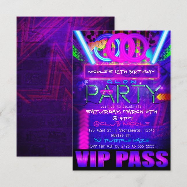 Neon Glow PARTY Födelsedag VIP PASS Klubb Inbjudni Inbjudningar (Fram/baksida)