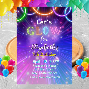 Neon Glow Party-inbjudan för flickor Inbjudningar