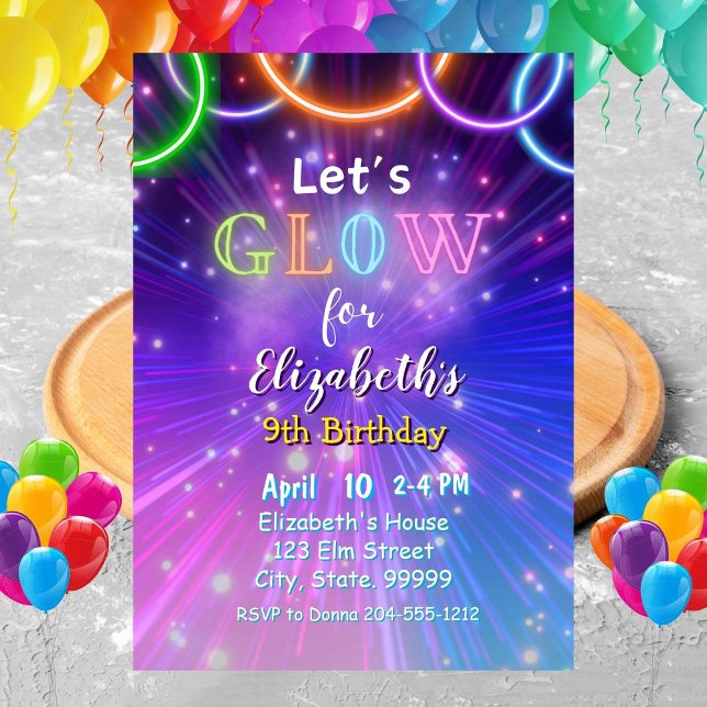 Neon Glow Party-inbjudan för flickor Inbjudningar (Skapare uppladdad)