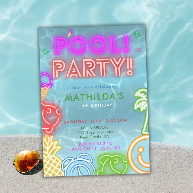 Neon Glow Pool Party Any Age Birthday  Inbjudningar (Skapare uppladdad)